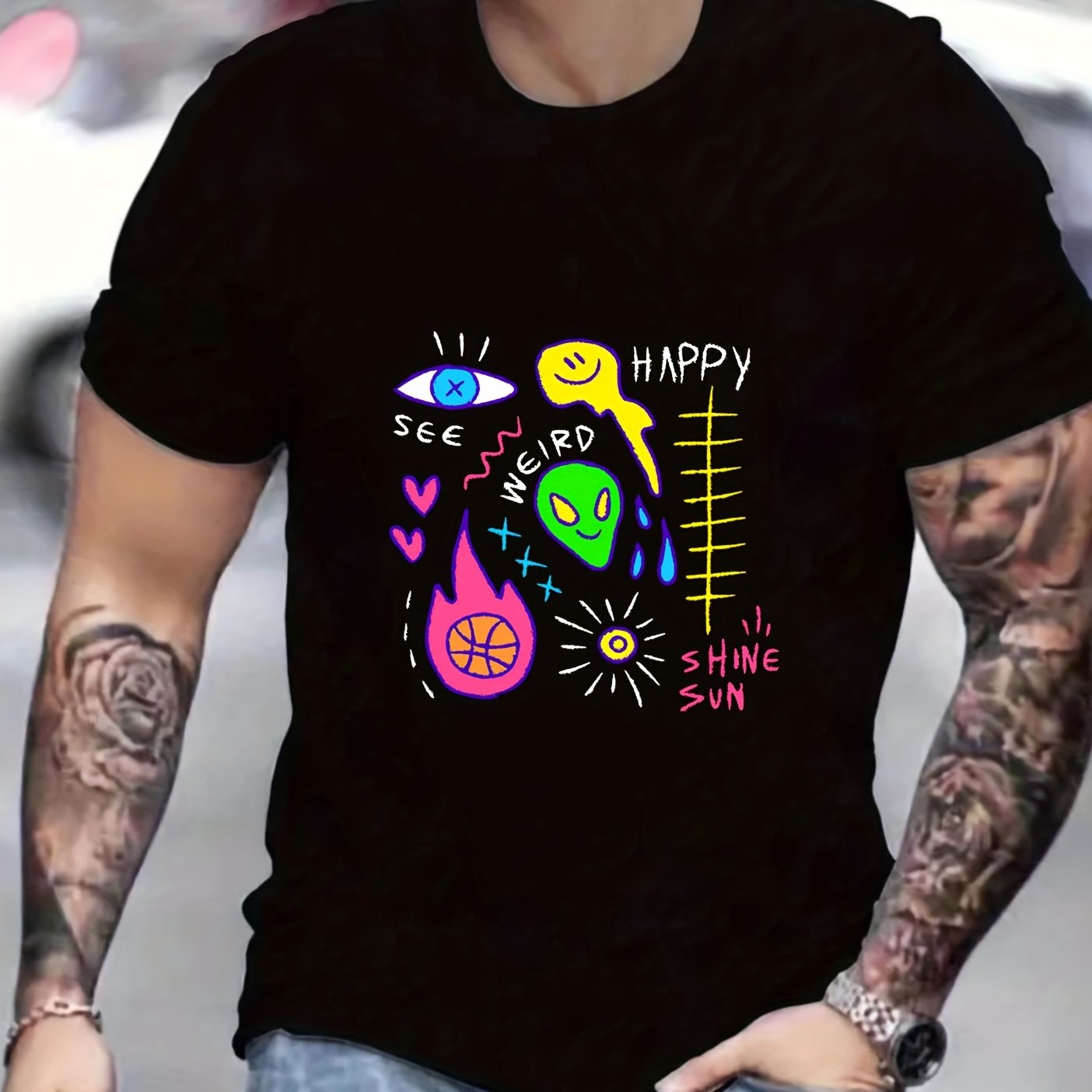 Funny Doodle Print Men's Graphic Crew Neck T shirt for Summer