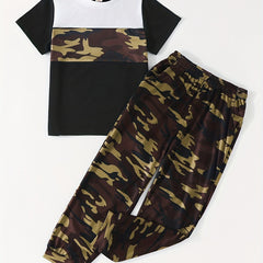 2pcs Boys Camo Short Sleeve Tees & Long Trousers Sets Summer Kids Outfits