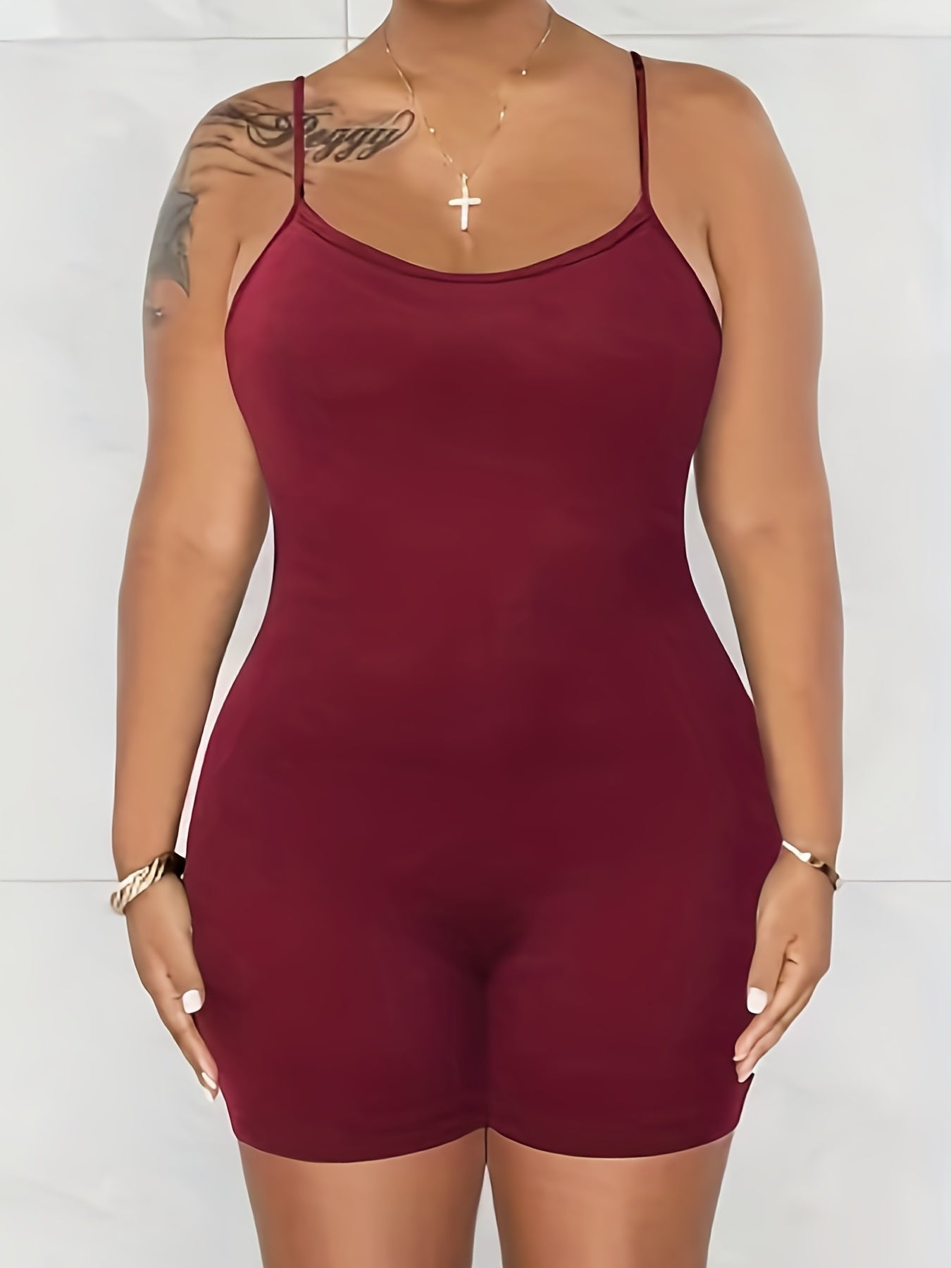 Basic Cami Romper Solid Round Neck Medium Stretch Skinny