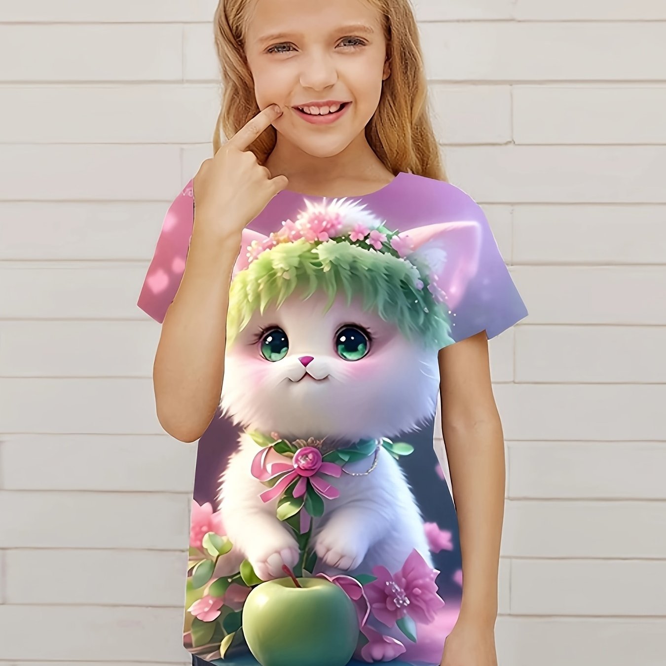Cute Kitty Graphic Tee for Girls Summer Gift