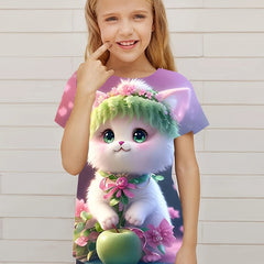 Cute Kitty Graphic Tee for Girls Summer Gift