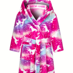 Kid's Unicorn Tie Dye Flannel Bathrobe Soft Coral Fleece Pajama