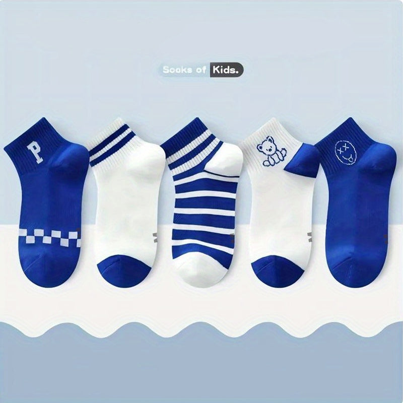 5Pairs Boys Cartoon Bear Smile Face Crew Socks for Spring Autumn Summer