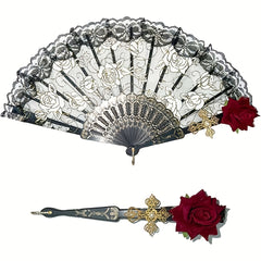 Vintage Folding Fan Spanish Style Rose Lace Cocktail Tea Party Accessory