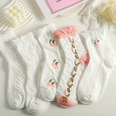 5 Pairs Floral 3D Textured Socks Women's Ruffle Mid Tube Stockings