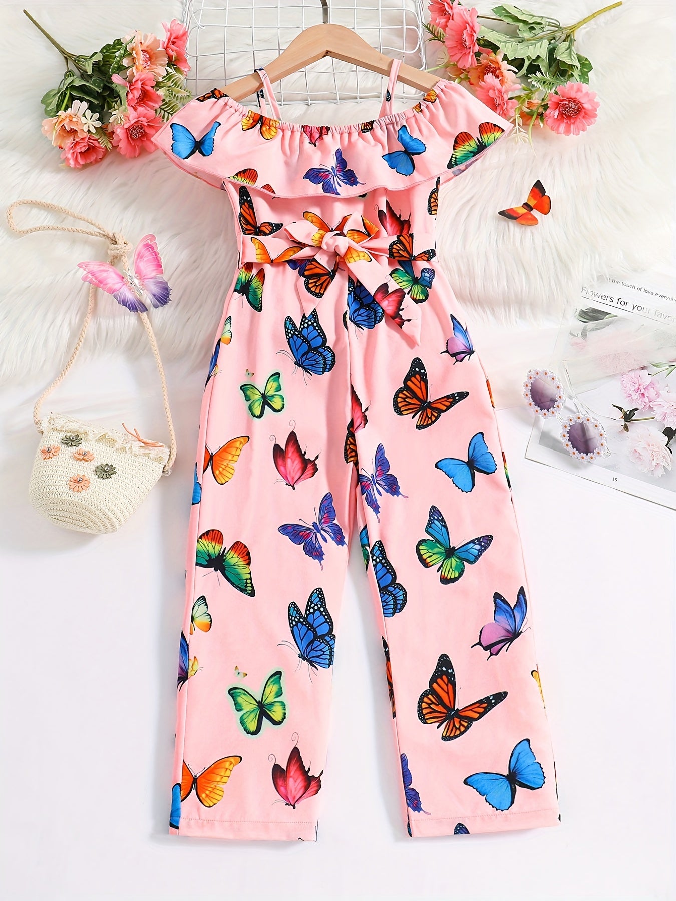 Girls Ruffled Romper Butterfly Graphic Jumpsuit