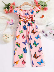 Girls Ruffled Romper Butterfly Graphic Jumpsuit