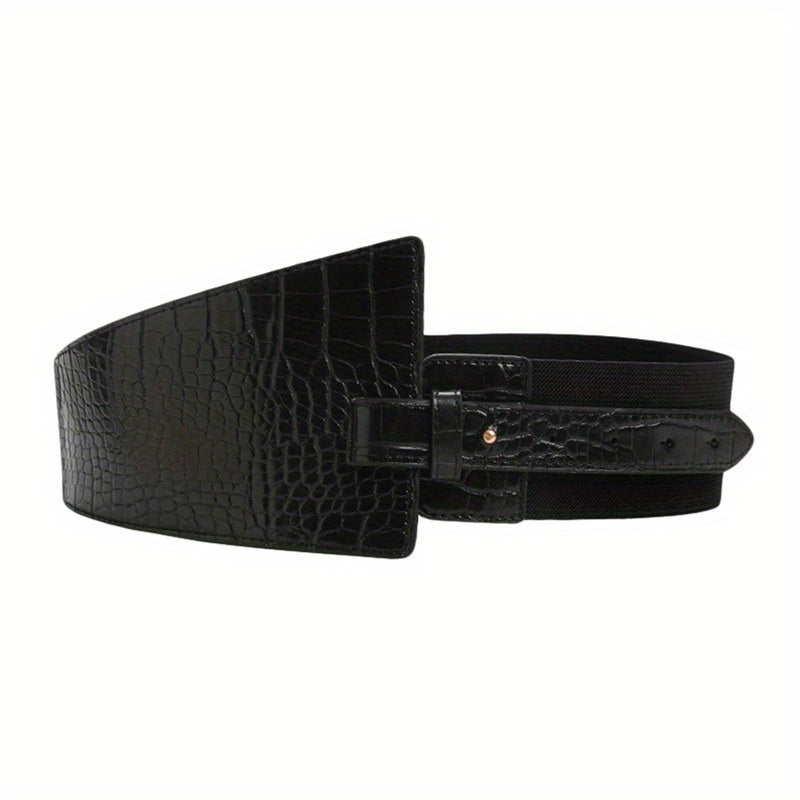 Plaid Embossed Wide Belt PU Leather Elastic Waistband for Women