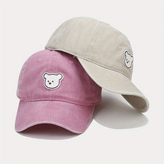 Cartoon Bear Patch Baseball Cap Solid Washed Distressed Sun Hat