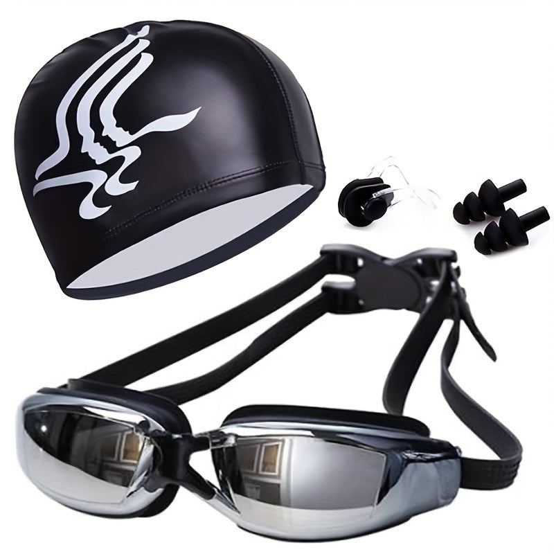 Men's Swimming Gear Set with Goggles, Cap, Nose Clip, Earplugs