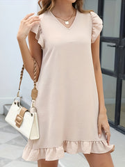 Ruffle Trim Solid Dress Casual V Neck Mini Dress Women's Clothing