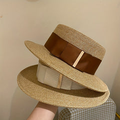 British Style Straw Sun Hat Flat Brim Jazz Fedora Cap Ribbon Bowknot Decor
