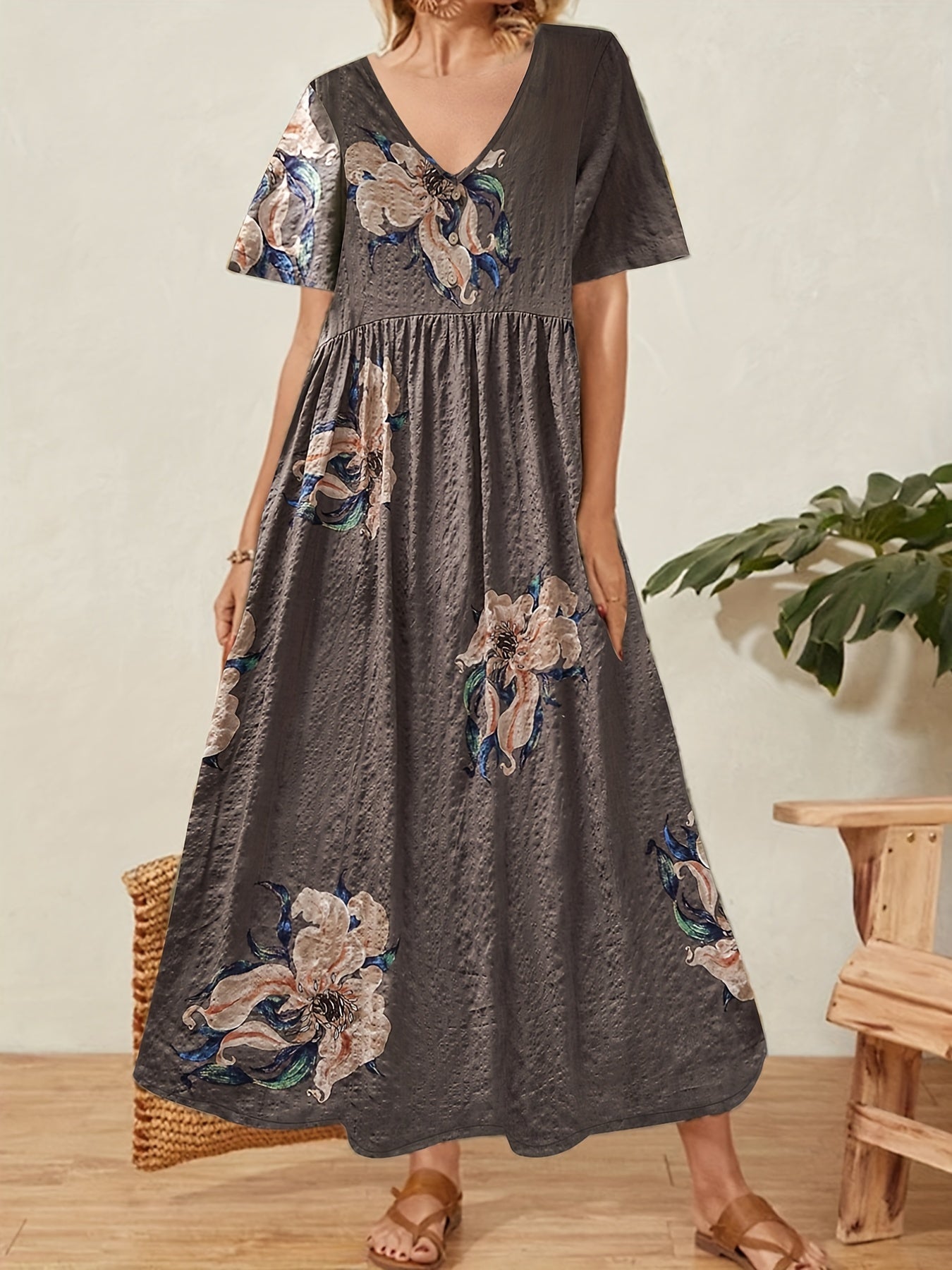 Floral Print V-Neck Dress Button Detail Short Sleeve Plus Size
