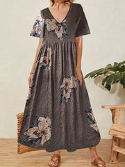 Floral Print V-Neck Dress Button Detail Short Sleeve Plus Size