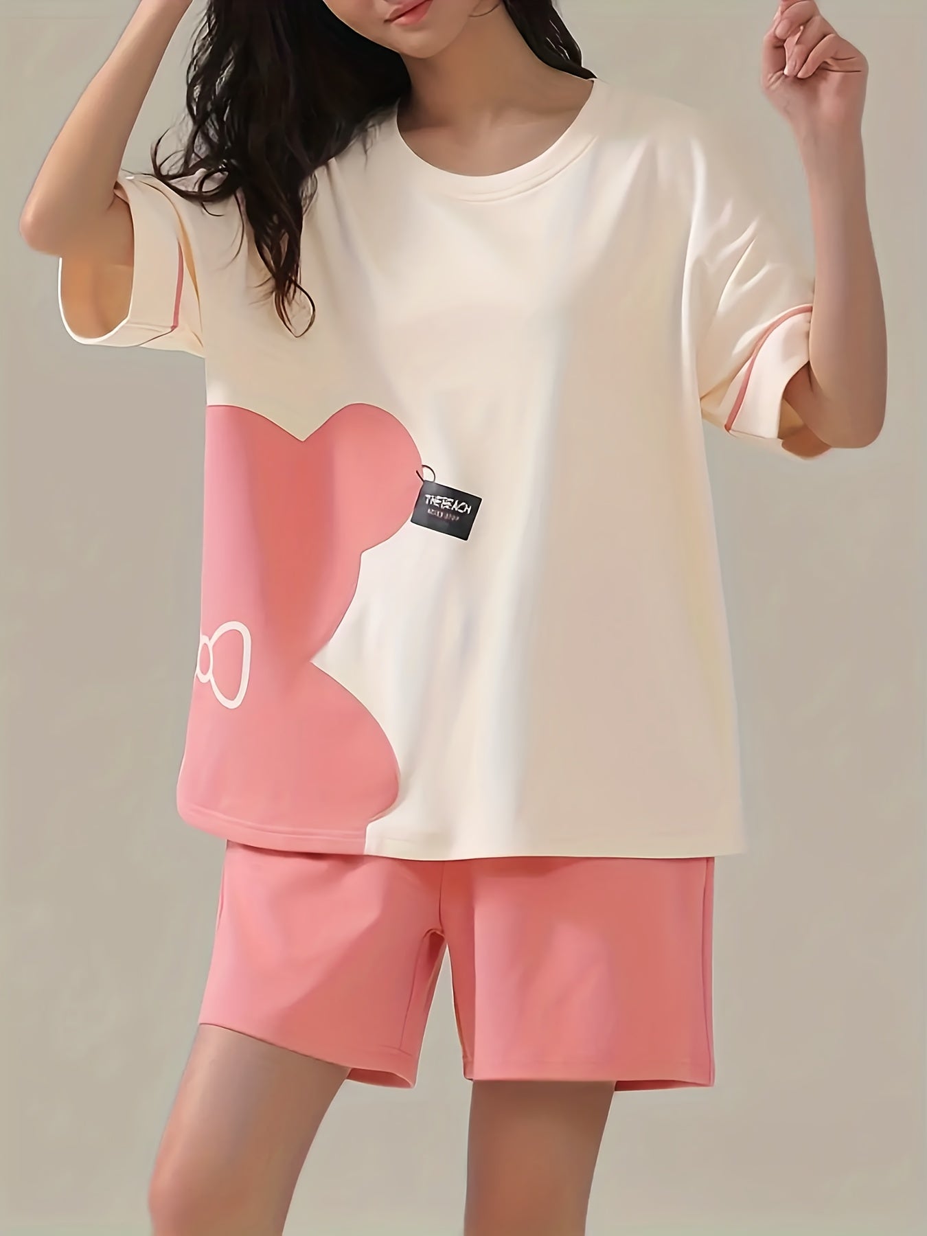 Bear Print Pajama Set Short Sleeve Top & Shorts Women's Sleepwear