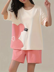 Bear Print Pajama Set Short Sleeve Top & Shorts Women's Sleepwear