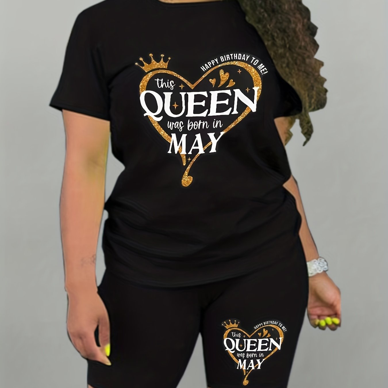 Happy Birthday Print Two Piece Set Short Sleeve Crew Neck Casual T Shirt & Short