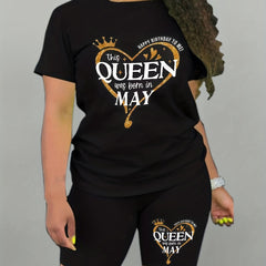 Happy Birthday Print Two Piece Set Short Sleeve Crew Neck Casual T Shirt & Short