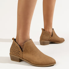Women's Hollow Out Block Heel Ankle Boots Pointed Toe Slip On V cut Stacked Heel