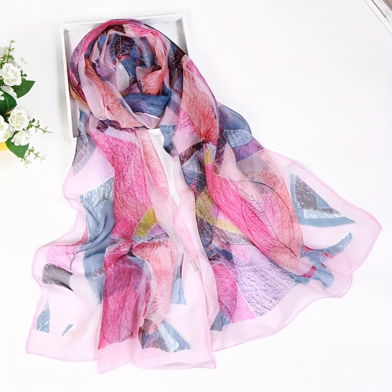 Chiffon Scarf Leaf Print Geometric Block Shawl Vintage Head Wrap