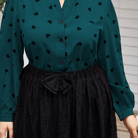 Heart Print Button Up Blouse