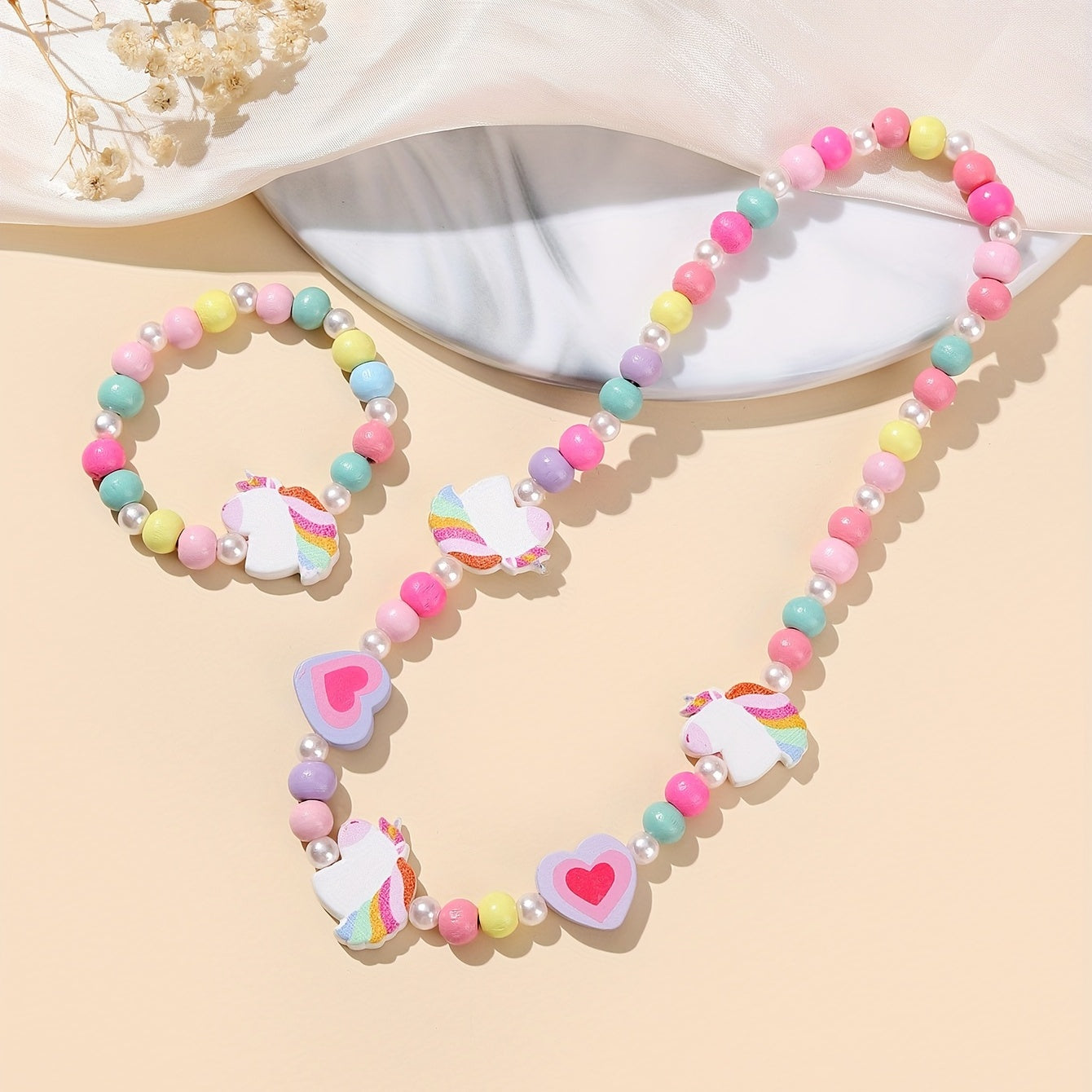 2pcs Cartoon Animal Beaded Necklace Bracelet Set for Girls