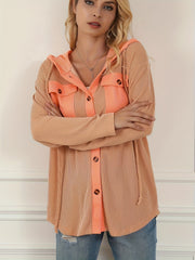 Striped Button Hooded Jacket With Rope Drawstring Decor