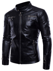 Men's Slim Fit PU Leather Jacket with Stand Collar