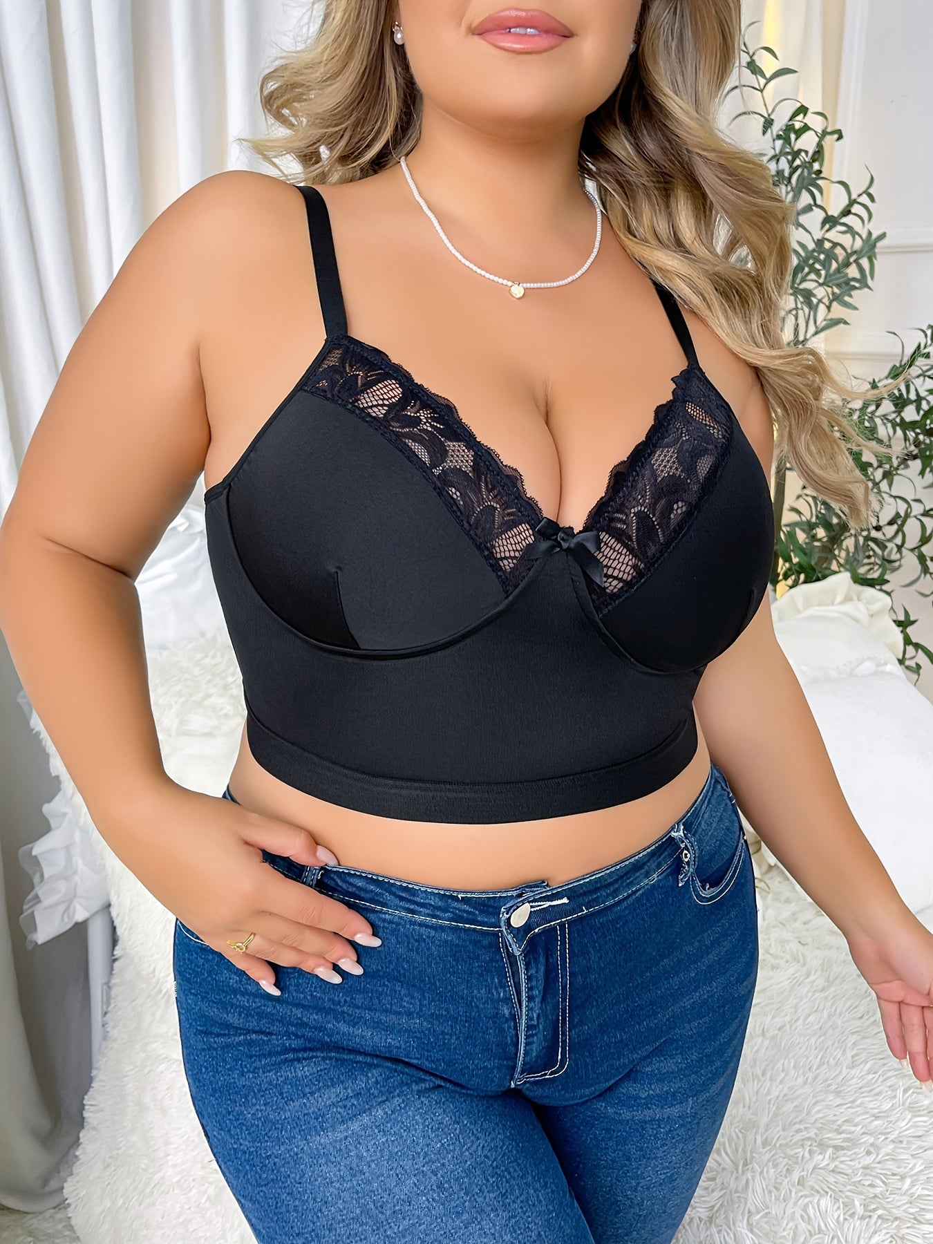 Bra Women's Plus Contrast Lace Solid High Stretch T shirt Longline Bra