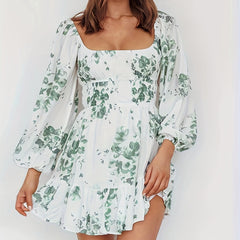 Floral Print Lantern Sleeve Waist Ruffle Trim Pleated Dress
