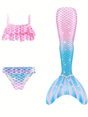 Girl's Mermaid Swimsuit 3pcs Bikini Set & Mermaid Tail Glitter Fish Scale Print