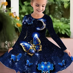 Girls Butterfly Graphic Long Sleeve Dress Spring Fall Party Gift
