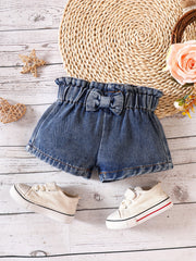 Cotton Toddler Baby Girls Washed Bow Short Jeans