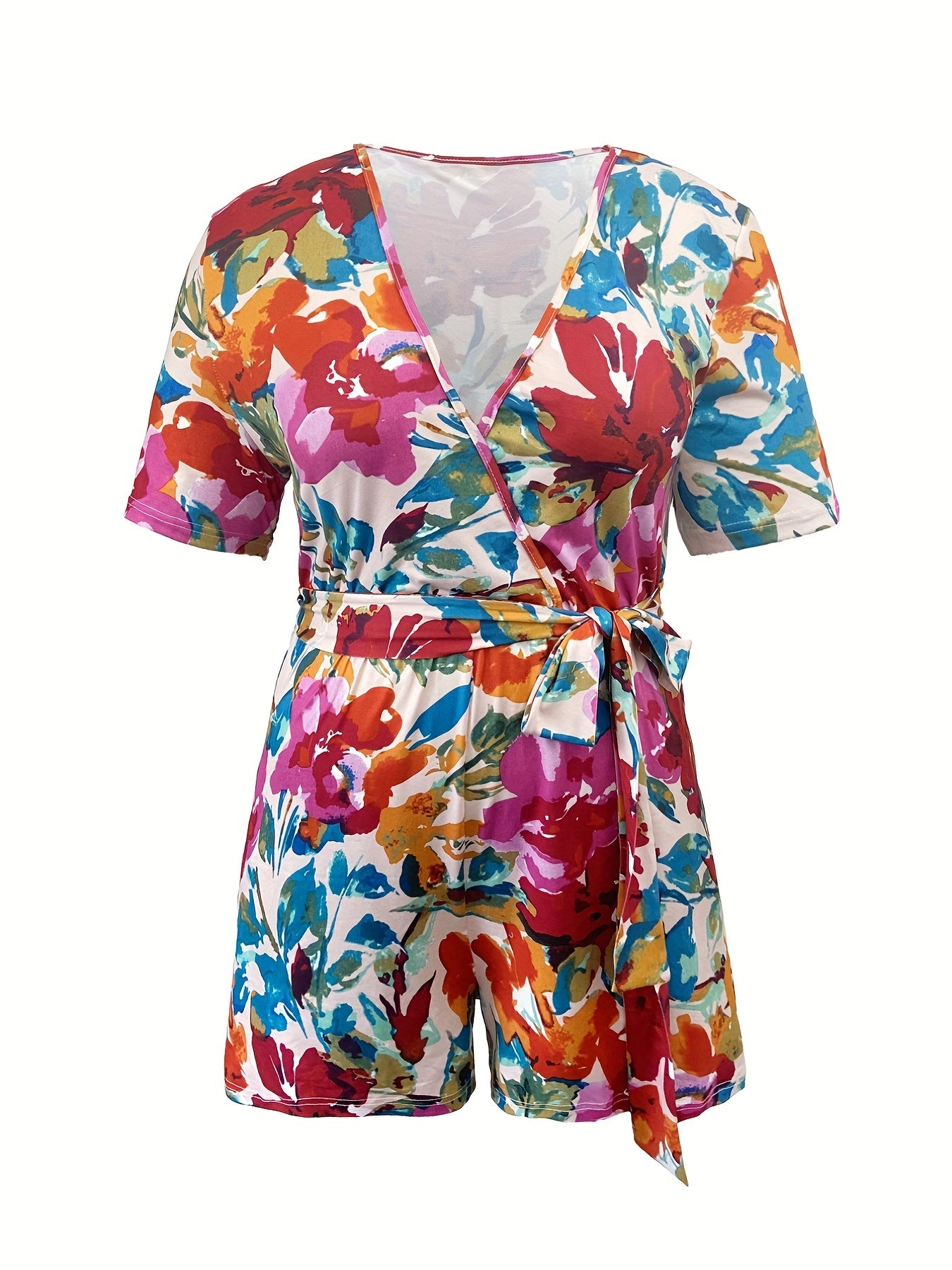 Floral Print Short Sleeve Romper With Belt