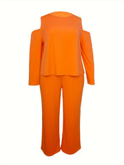 Solid Cold Shoulder Long Sleeve Top & Pants Set