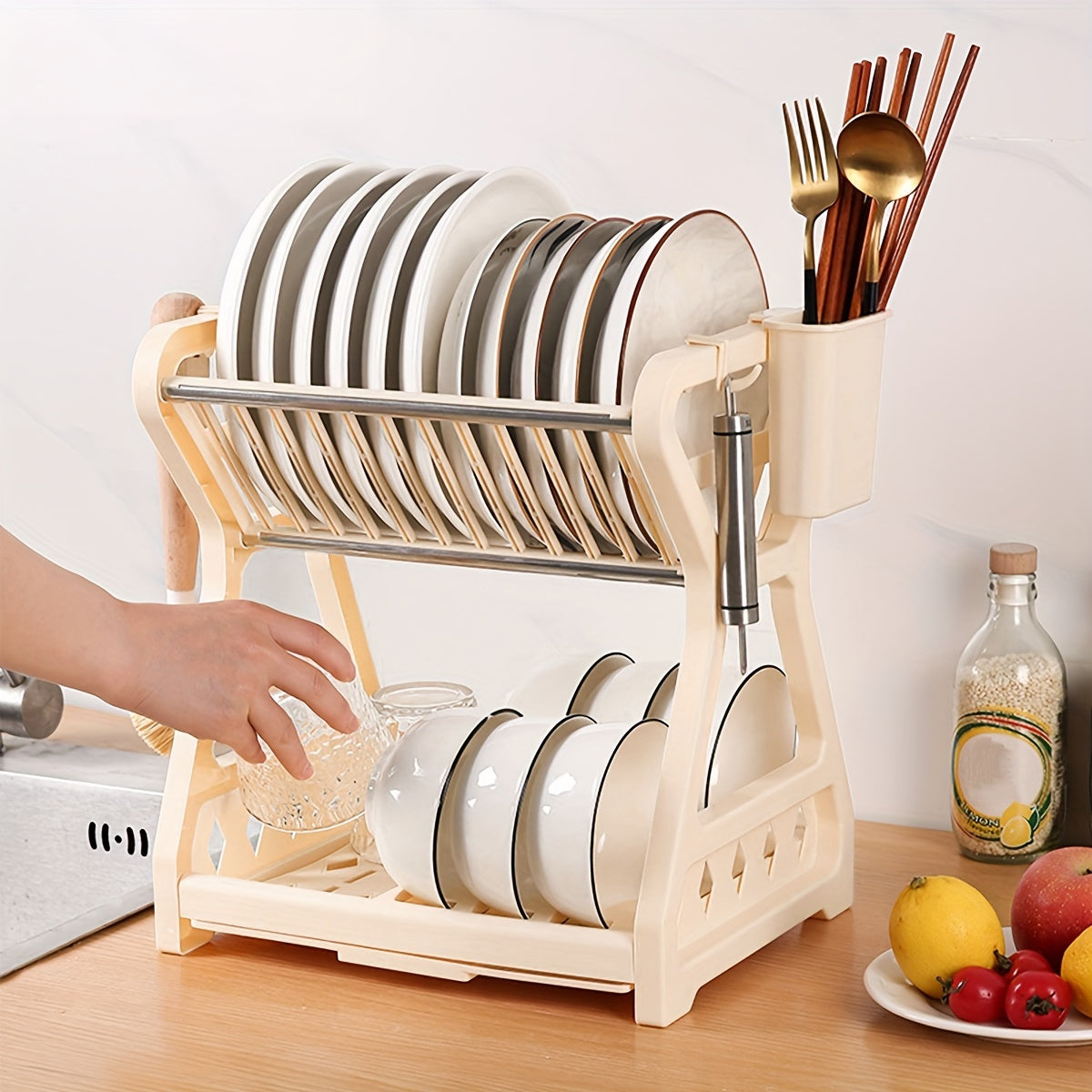 Kitchen Storage Shelf Plastic Drain Rack Beige Organizer