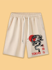 Dragon Print Casual Sportswear Men's Shorts with Pockets