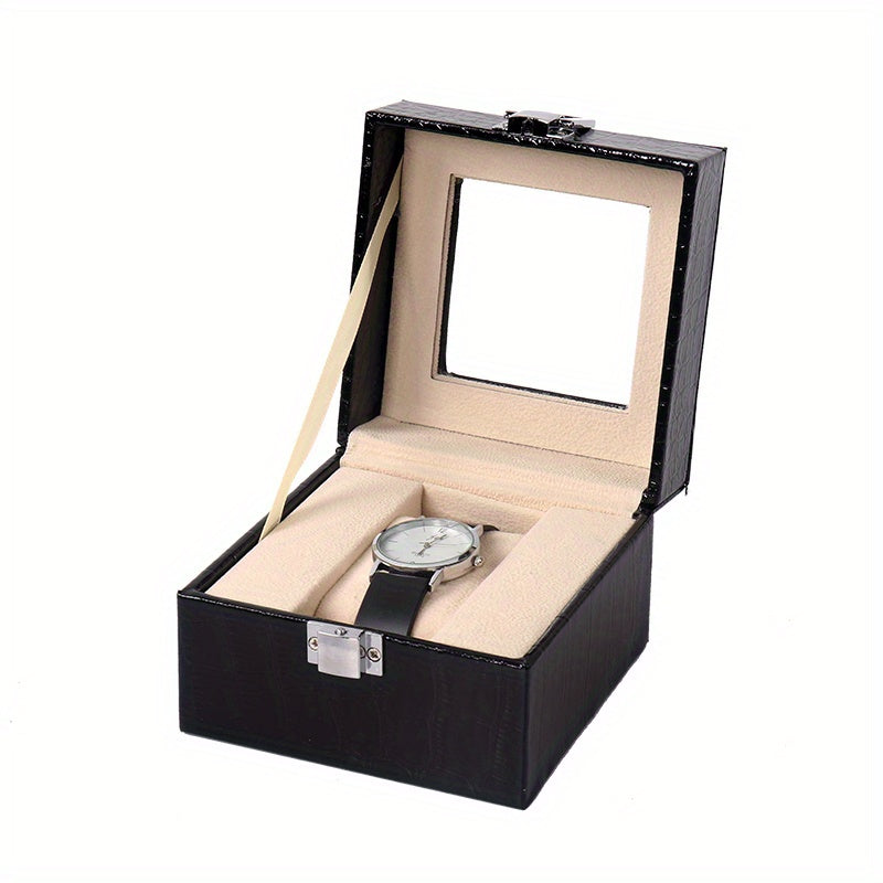 3 Slot PU Leather Watch Box Display with Lock Glass Top Jewelry Storage