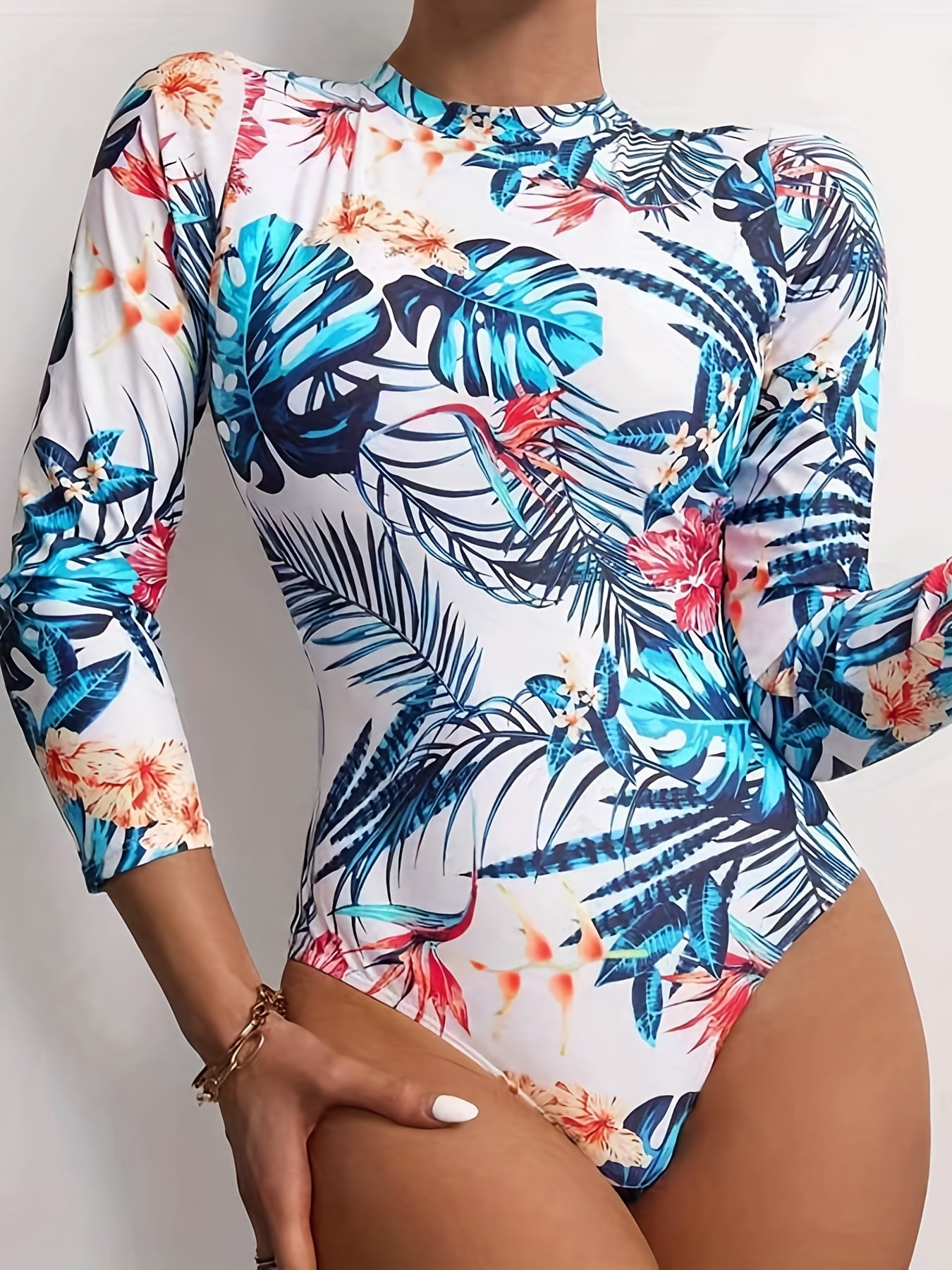 Tropical Print Slim Bodysuit Long Sleeve Women's Clothing