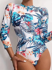 Tropical Print Slim Bodysuit Long Sleeve Women's Clothing