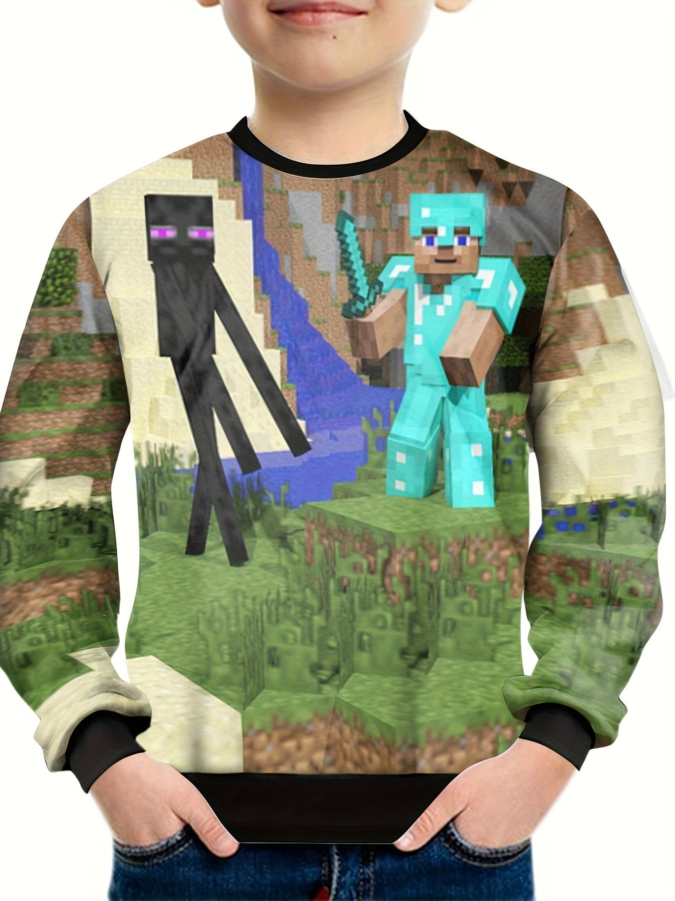 Boys Pixel Cartoon Print Long Sleeve T-shirt Kids Casual Top