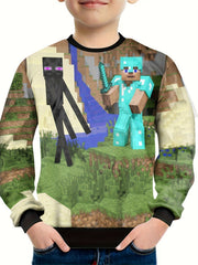 Boys Pixel Cartoon Print Long Sleeve T-shirt Kids Casual Top