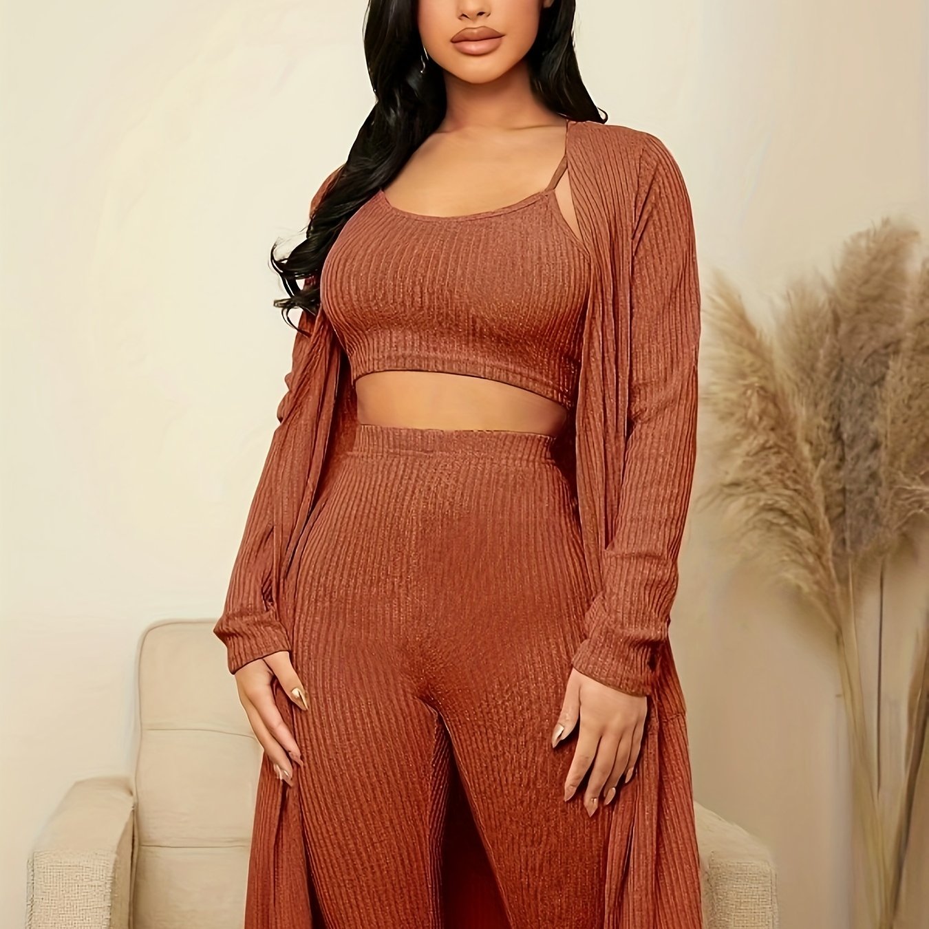 Ribbed Pajama Set Long Sleeve Robe & Cami Top & Pants