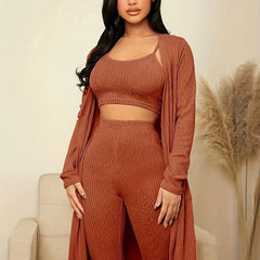 Ribbed Pajama Set Long Sleeve Robe & Cami Top & Pants
