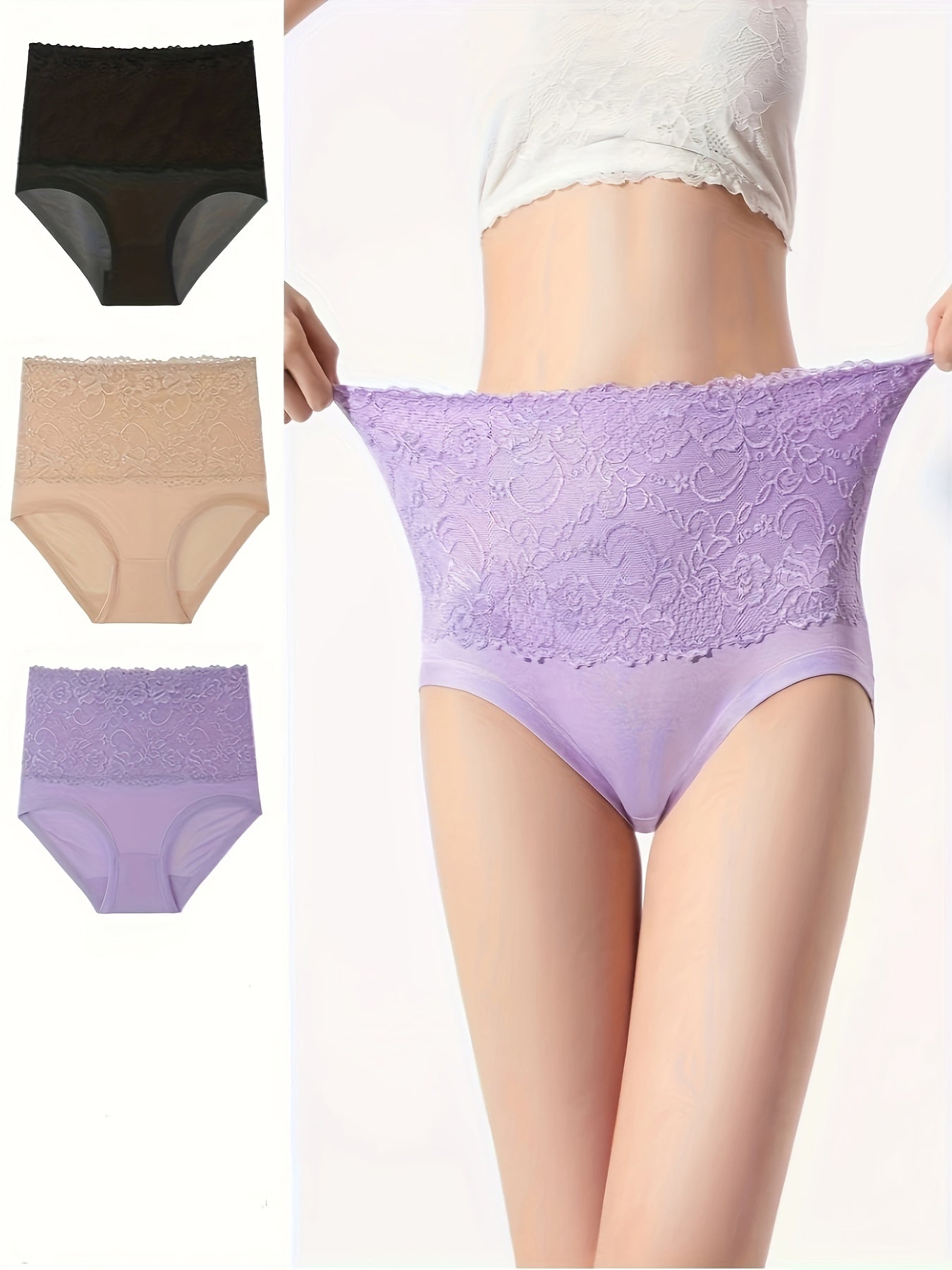 3pcs Lace Jacquard Briefs High Waist Panties Women's Lingerie