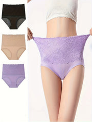 3pcs Lace Jacquard Briefs High Waist Panties Women's Lingerie