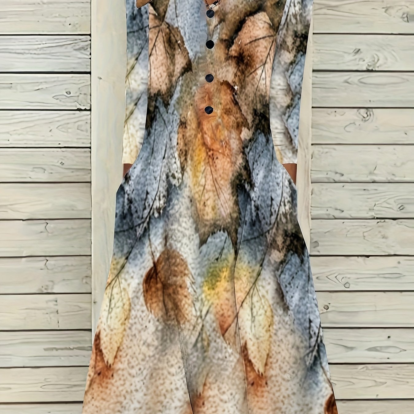 Women's Plus Tie Dye Leaf Print Button Decor Long Sleeve V Neck Dress