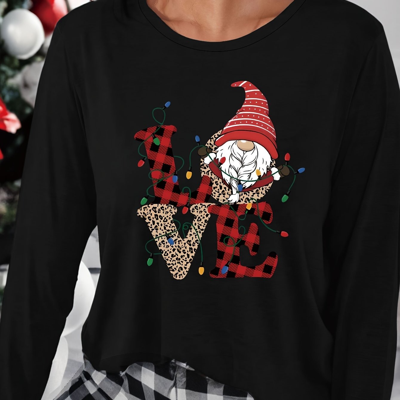 Christmas Hat Print Lounge Top Long Sleeve Crew Neck Women's Loungewear