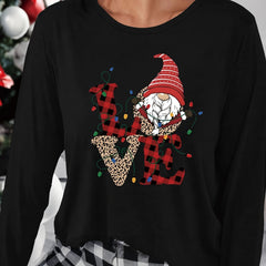 Christmas Hat Print Lounge Top Long Sleeve Crew Neck Women's Loungewear