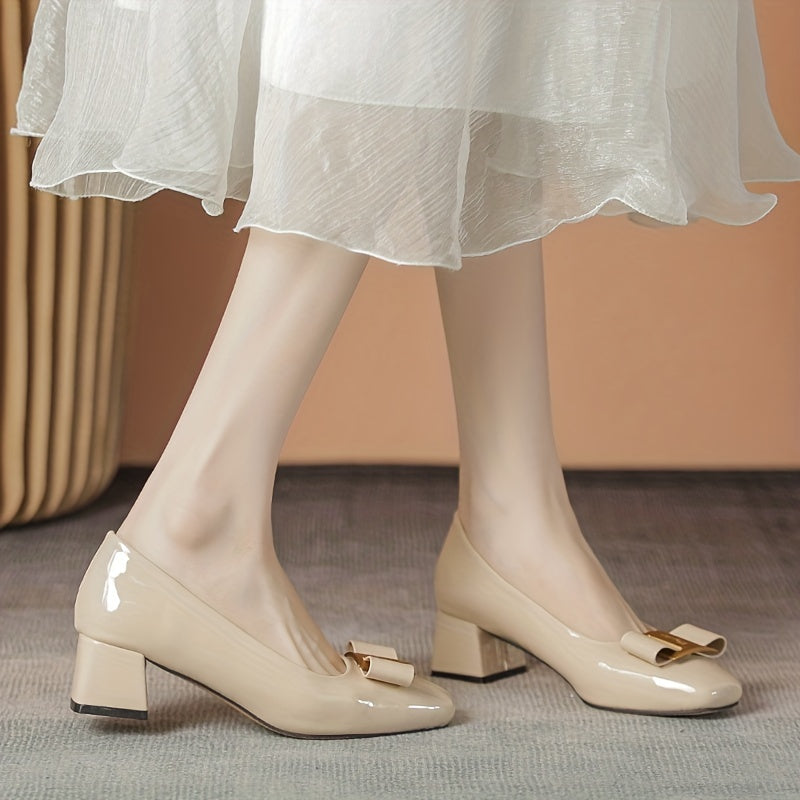 Square Toe Chunky Heels Bowknot Patent Leather Shoes